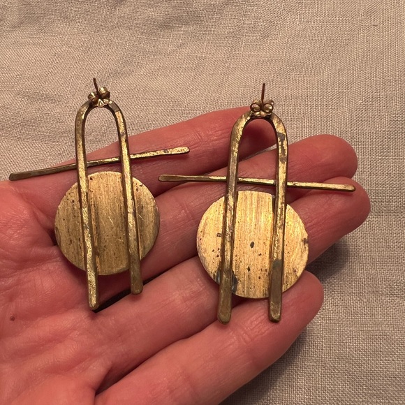 Handmade artisan geometric solid brass statement earrings modern - Picture 6 of 7